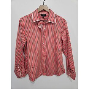 Foxcroft Womens Non-Iron Shaped Fit Striped Button Down Shirt‎ Red Navy White 10
